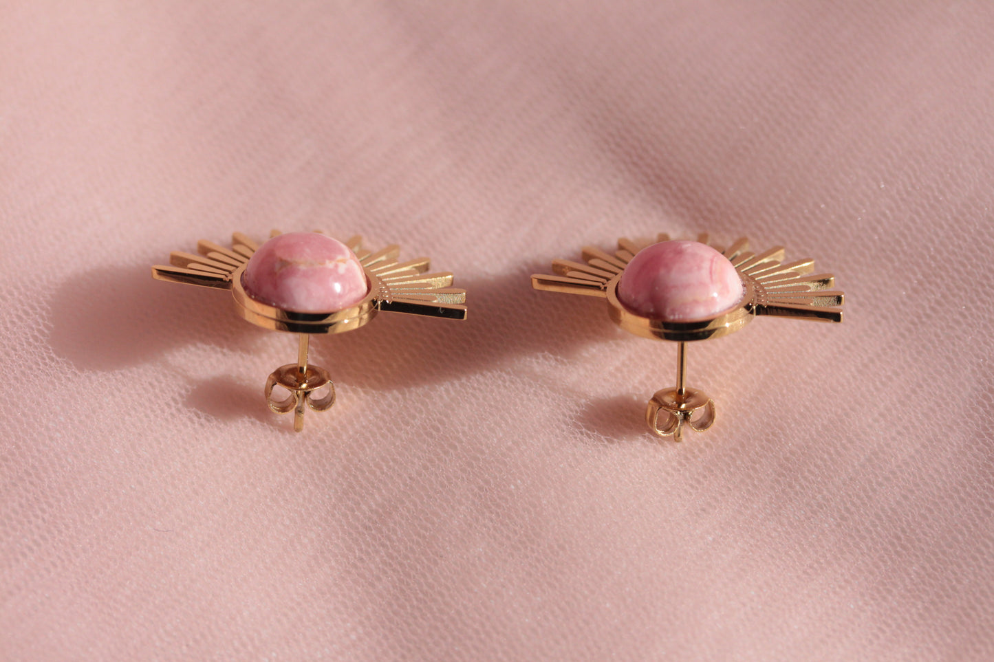 Boucles d'oreilles soleil rhodochrosite acier inoxydable pierre fine naturelle Talullah
