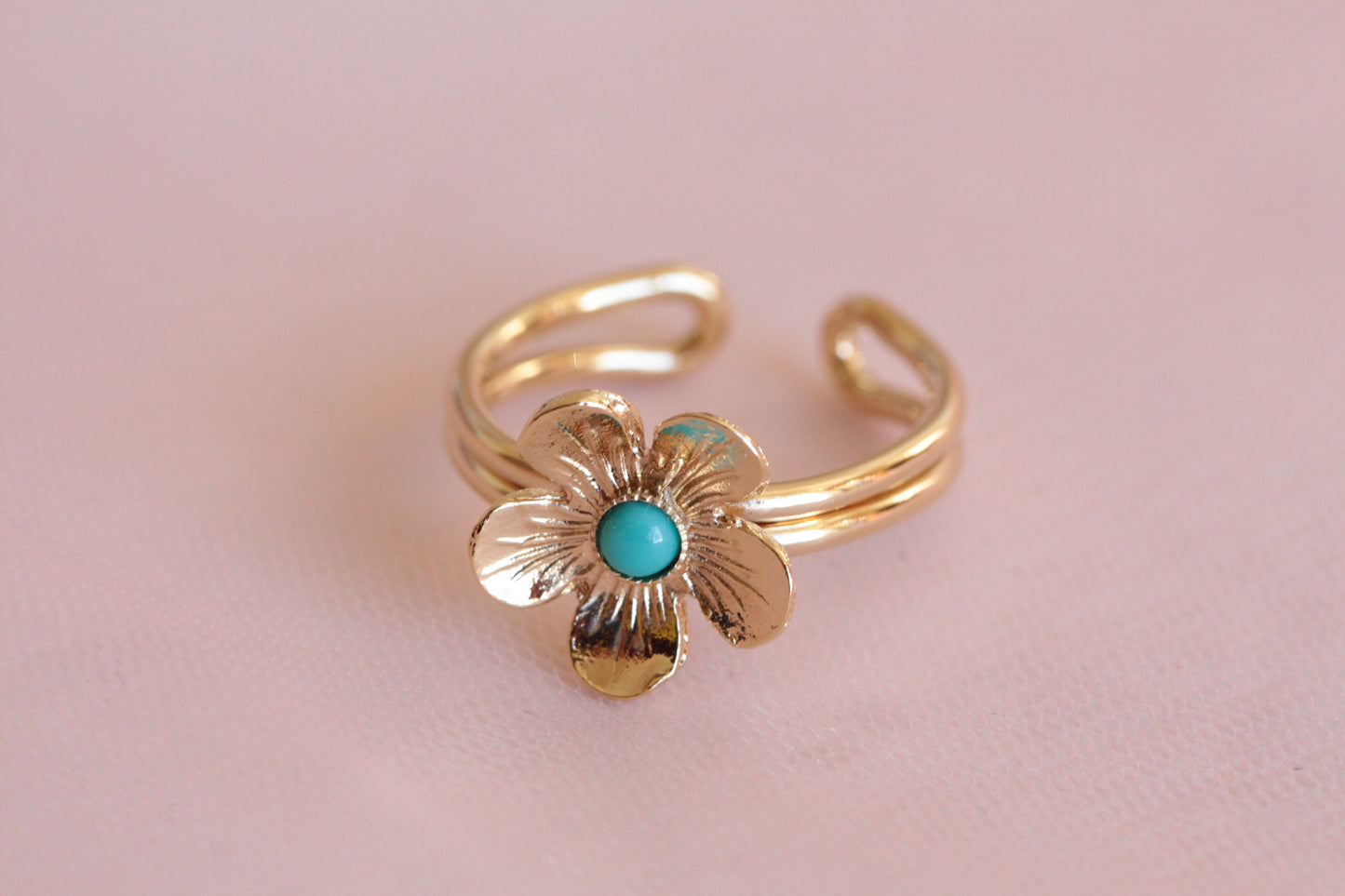 Bague fleur turquoise réglable dorée à l'or fin 24 carats