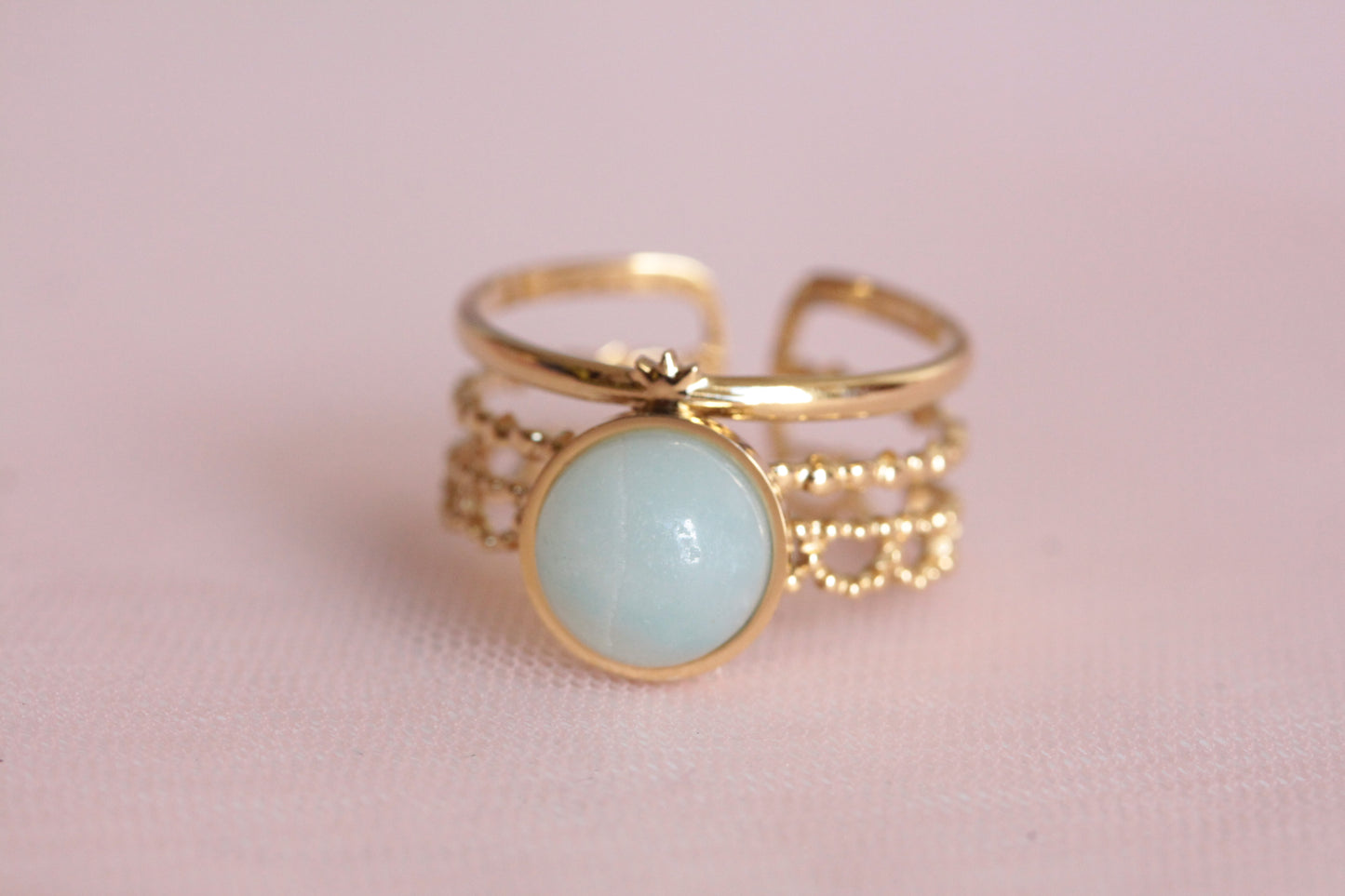 Bague acier inoxydable avec amazonite naturelle ajustable trois anneaux