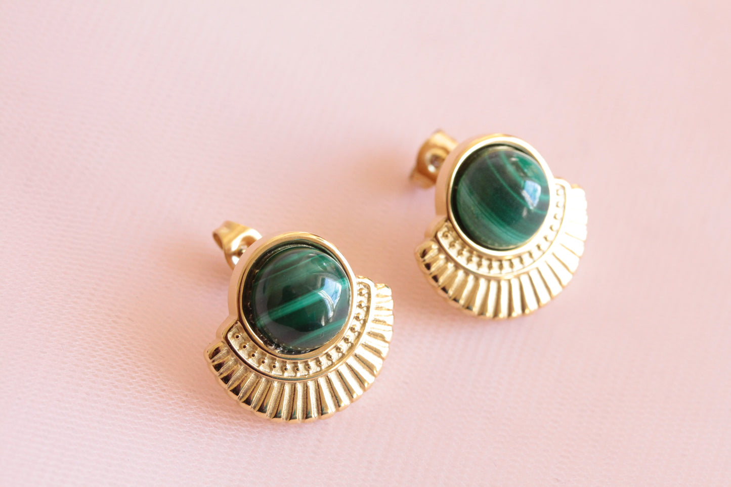 Boucles d'oreilles vertes acier inoxydable malachite pierre fine naturelle