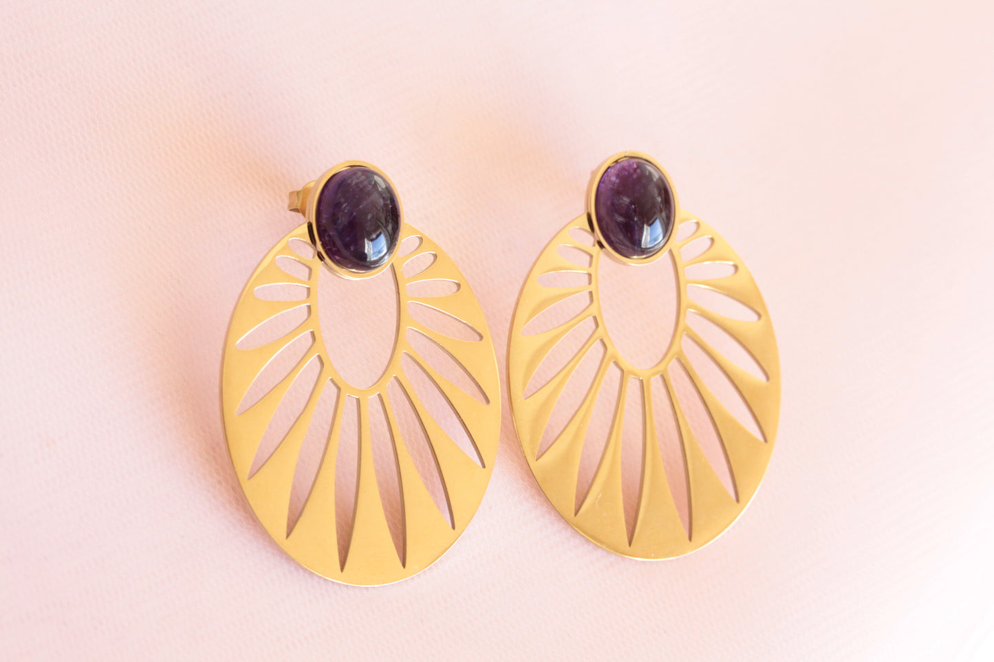 Boucles d'oreilles acier inoxydable améthyste pierre fine naturelle feuille