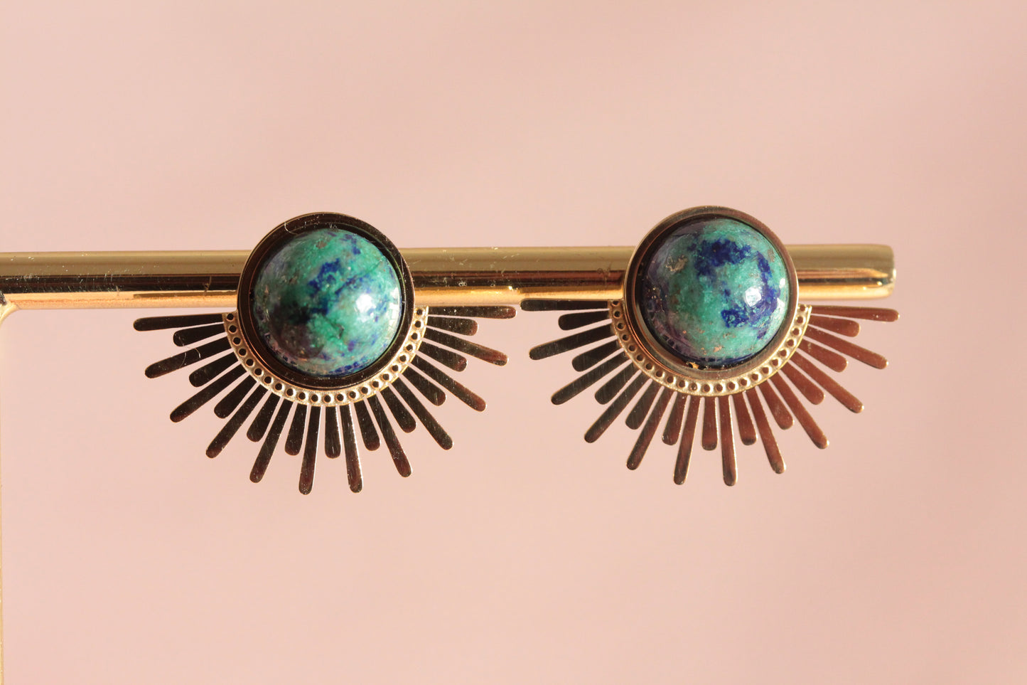 Boucles d'oreilles soleil azurite malachite acier inoxydable, pierre fine naturelle