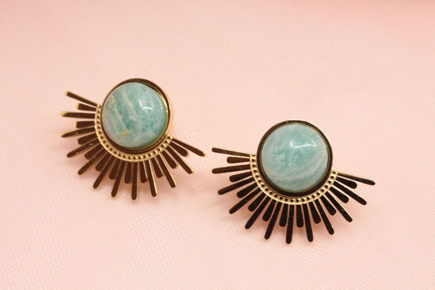 Boucles d'oreilles soleil amazonite acier inoxydable, pierre fine naturelle