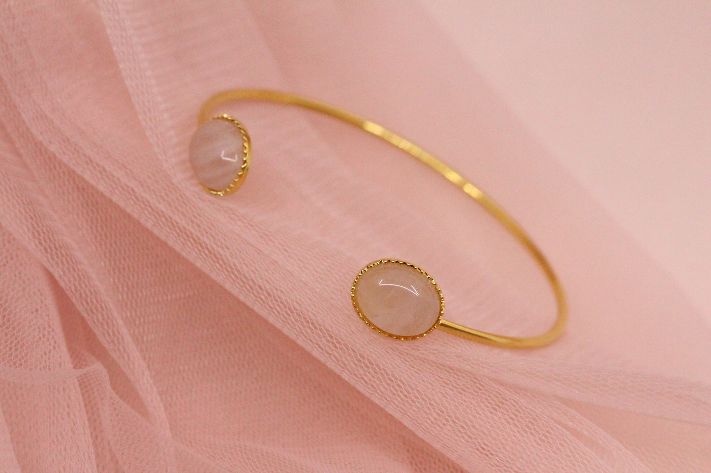 Bracelet jonc deux pierres quartz rose naturel doré à l'or fin
