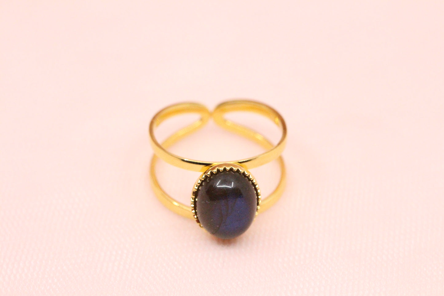 Bague labradorite ovale plaquée or double anneau