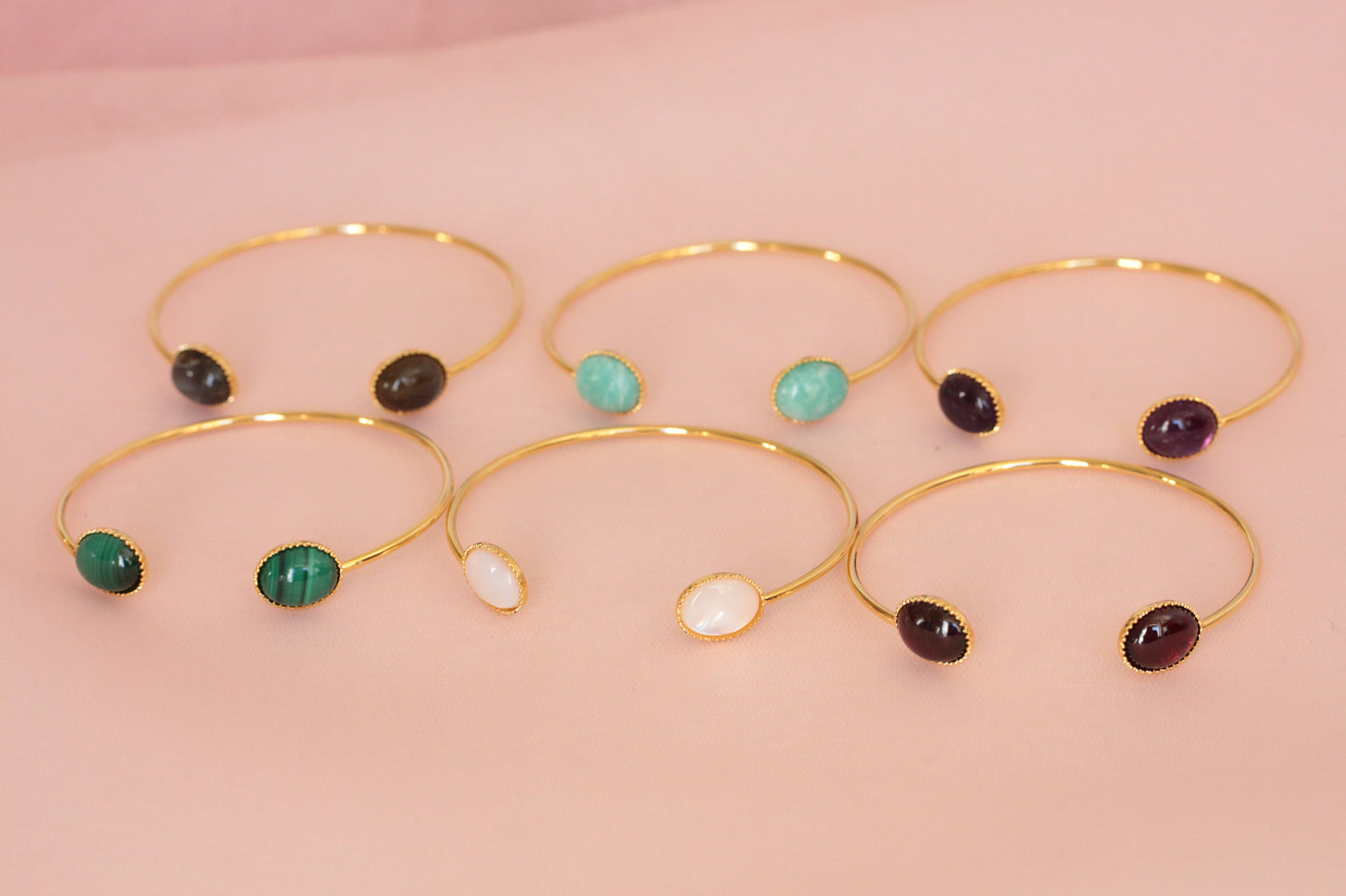 Bracelet jonc avec deux pierres en malachite naturelle ajustable doré à l'or fin Emmanuelle