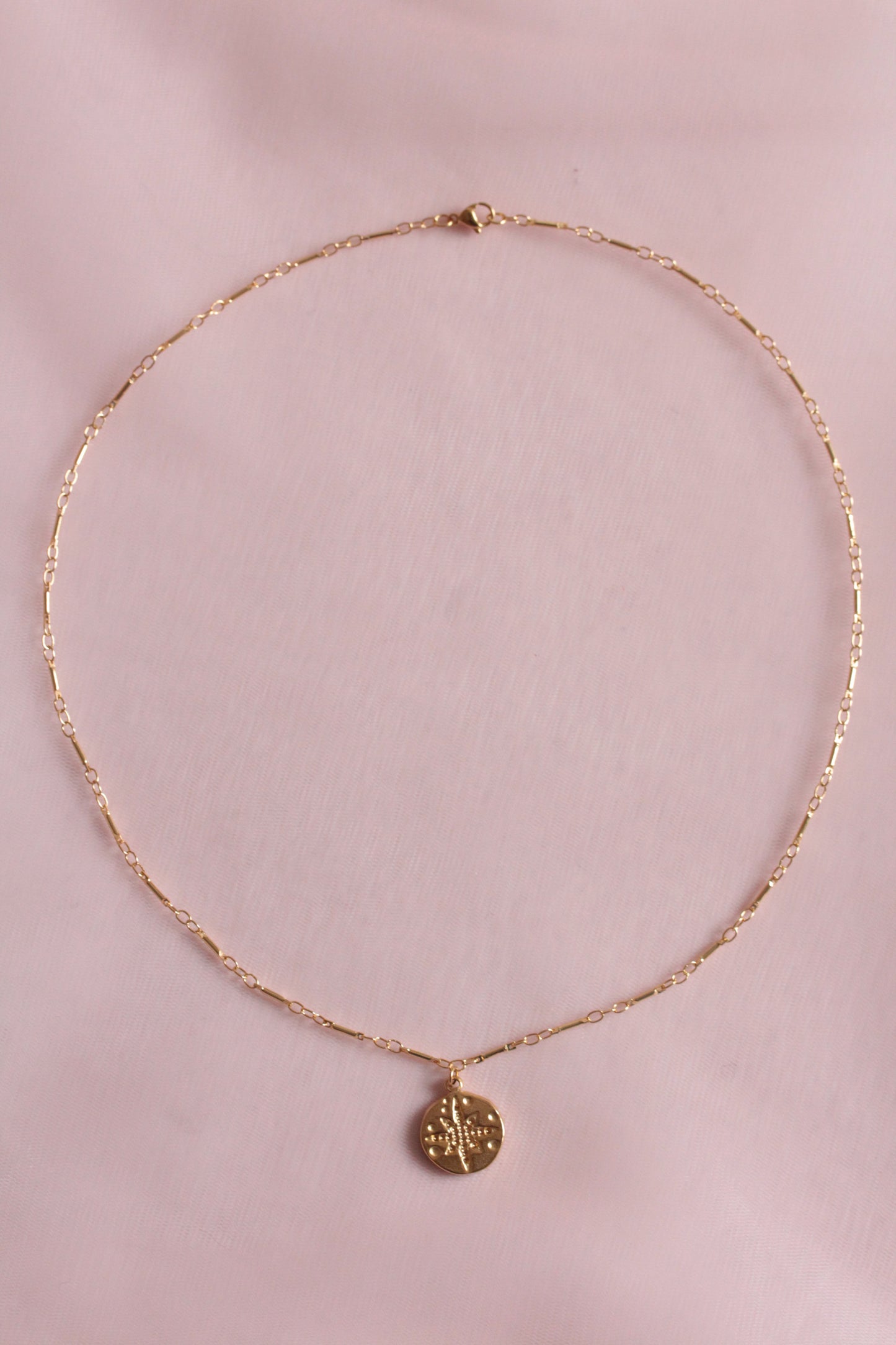 Collier doré avec médaille rose des vents